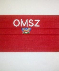 1 db piros, pamut, (fehér) OMSZ szöveggel + logo-val hímzett, textil szájmaszk