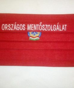 1 db piros, pamut, (fehér) ORSZÁGOS MENTŐSZOLGÁLAT szöveggel+ logo hímzett maszk